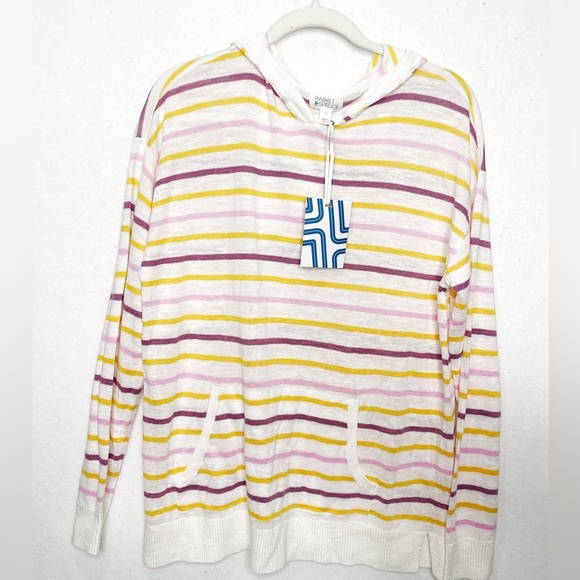 Market & Spruce Striped Lightweight Hooded Sweater Kangaroo Pocket Linen Blend - Picture 1 of 6